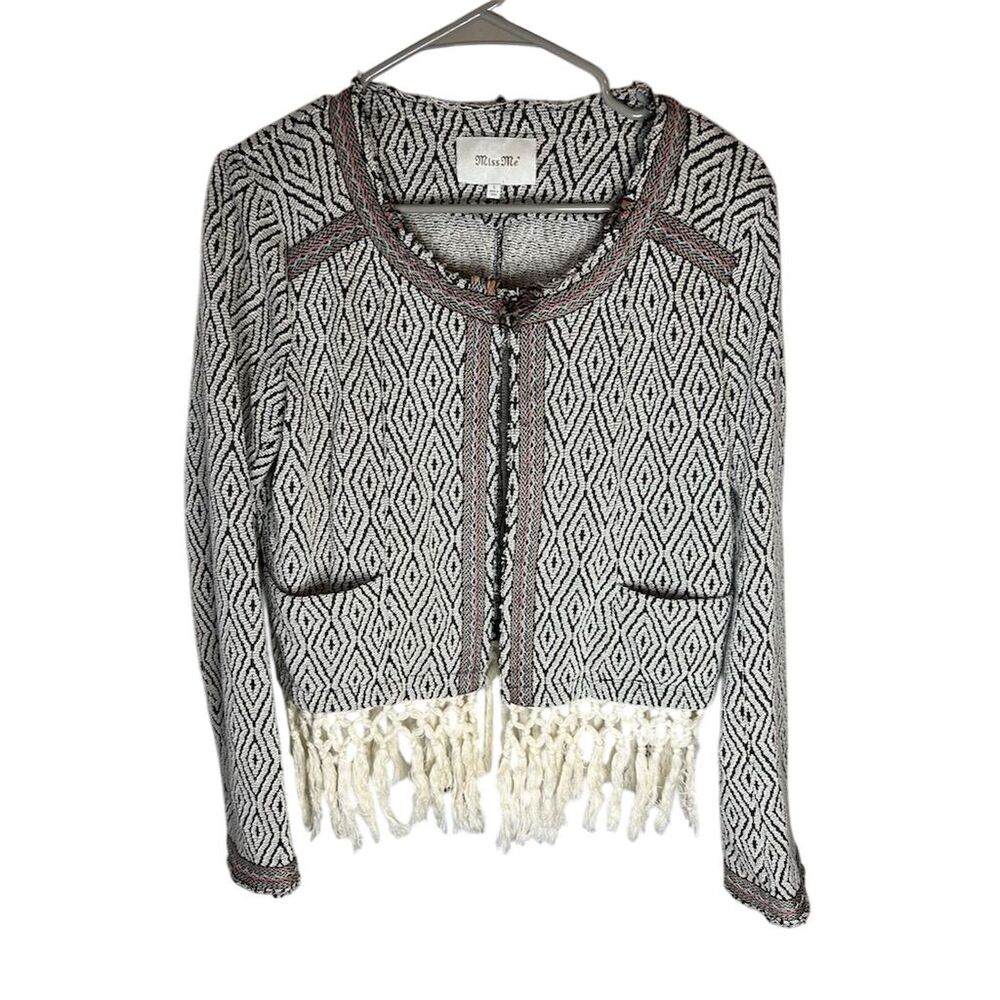 Miss Me Women's Black Bohemian Fringe Jacket Size L Geometric Pattern
